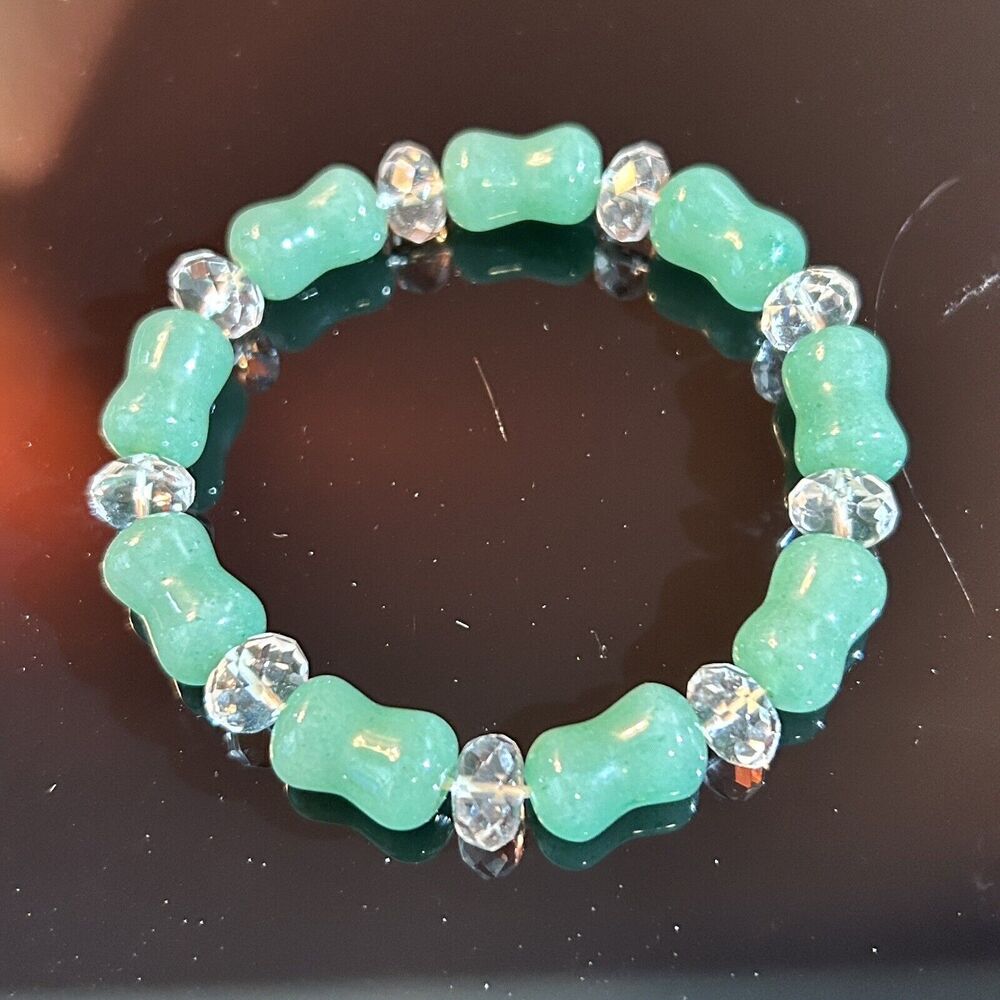 Vintage Jade & Faceted Clear Glass Beads Bracelet - Elastic Stretch